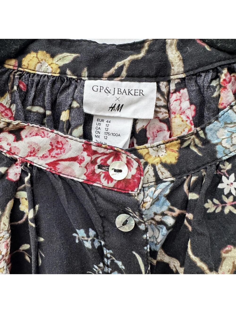 GP and J Baker x H&M Black Floral Button-Up Blouse with Bird Print Size 12 - Picture 4 of 9